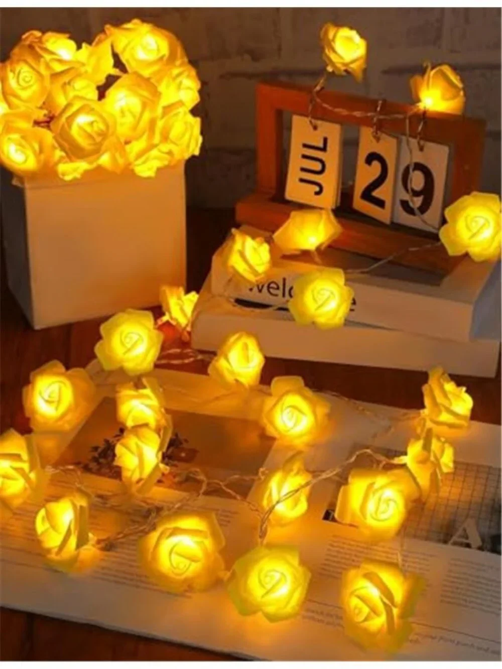 Yellow Rose LED String Lights Battery Operated Fairy Lights Romantic Decor 10Ft